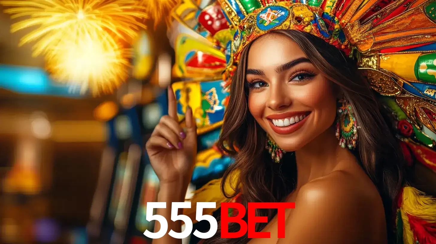 Mulher sorridente com um cocar de carnaval vibrante e colorido, celebrando uma grande vitória nos jogos do cassino 555BET com fogos de artifício ao fundo.