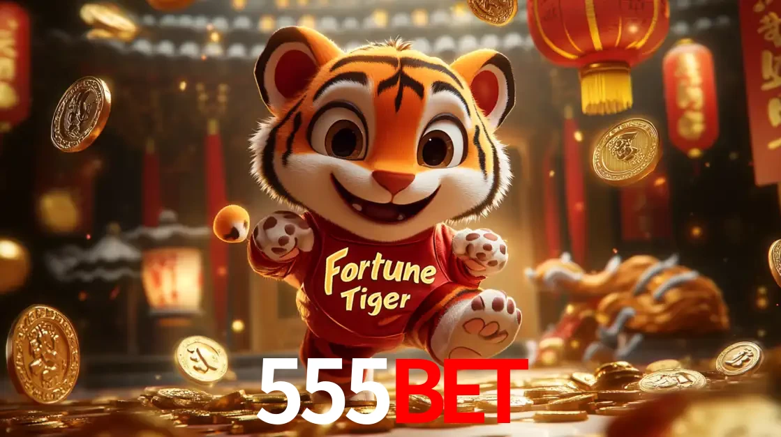 O alegre personagem do Fortune Tiger correndo sobre um caminho de moedas de ouro, simbolizando os grandes prêmios e a diversão do popular jogo de slot do 555BET.