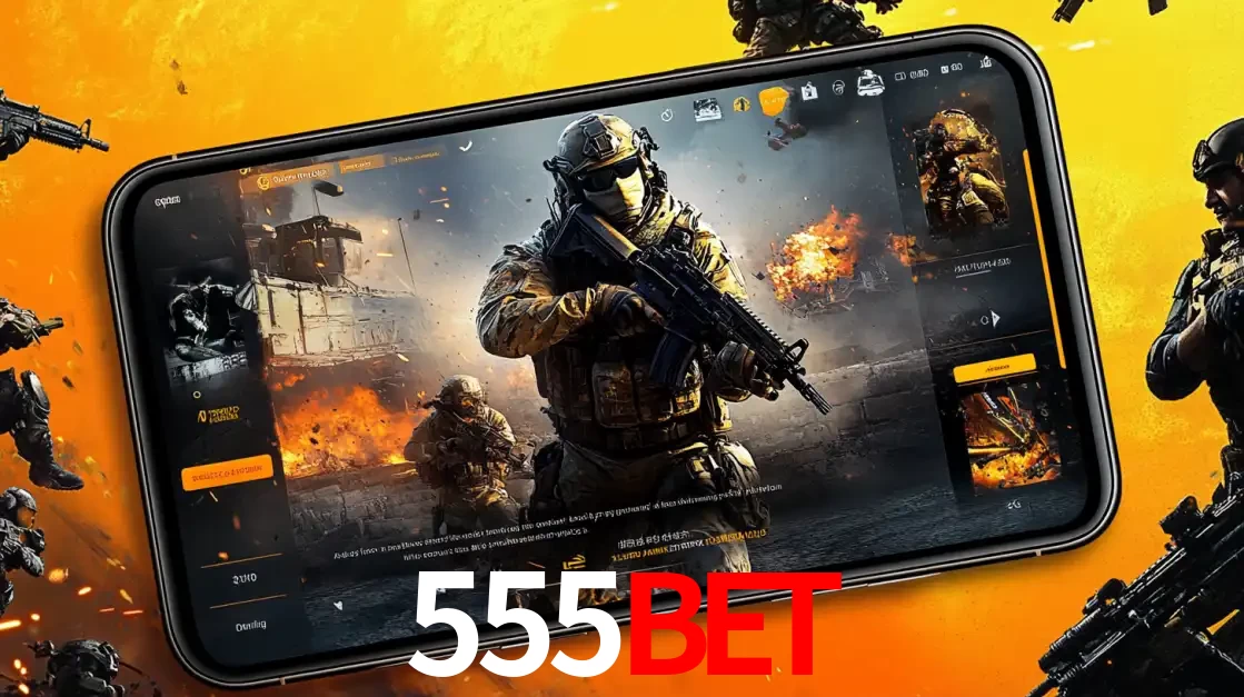 Um smartphone exibindo a interface de um jogo de tiro em primeira pessoa, com um soldado em um cenário de batalha, representando a ação dos e-sports para apostar no 555BET.