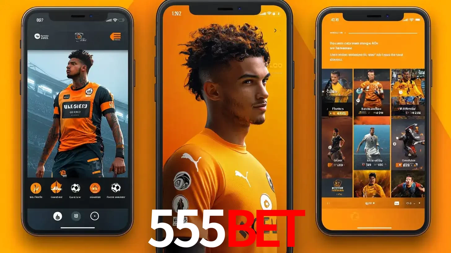 Interface do aplicativo de apostas esportivas 555BET em três telas de celular, mostrando o perfil de um jogador de futebol e a lista de jogos disponíveis para apostar.