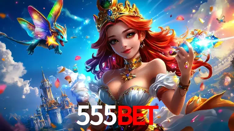 A princesa de um reino de fantasia mágico, com seu pequeno dragão, apresentando um mundo de prêmios encantados nos jogos de caça-níqueis do cassino 555BET.