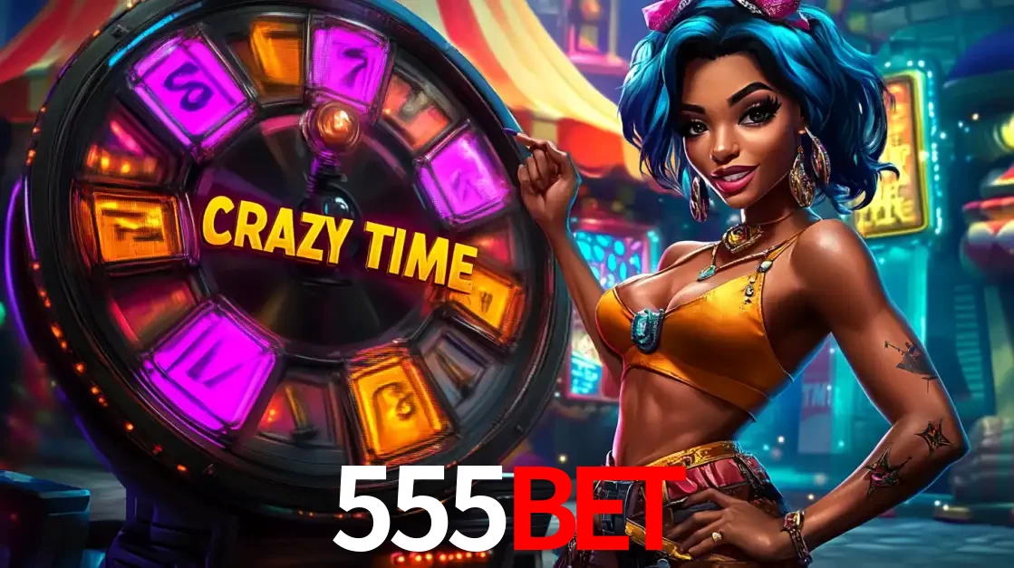 Mulher estilizada com cabelo azul e visual vibrante posando ao lado da roda de prêmios do game show Crazy Time, convidando para a diversão e os bônus do cassino 555BET.