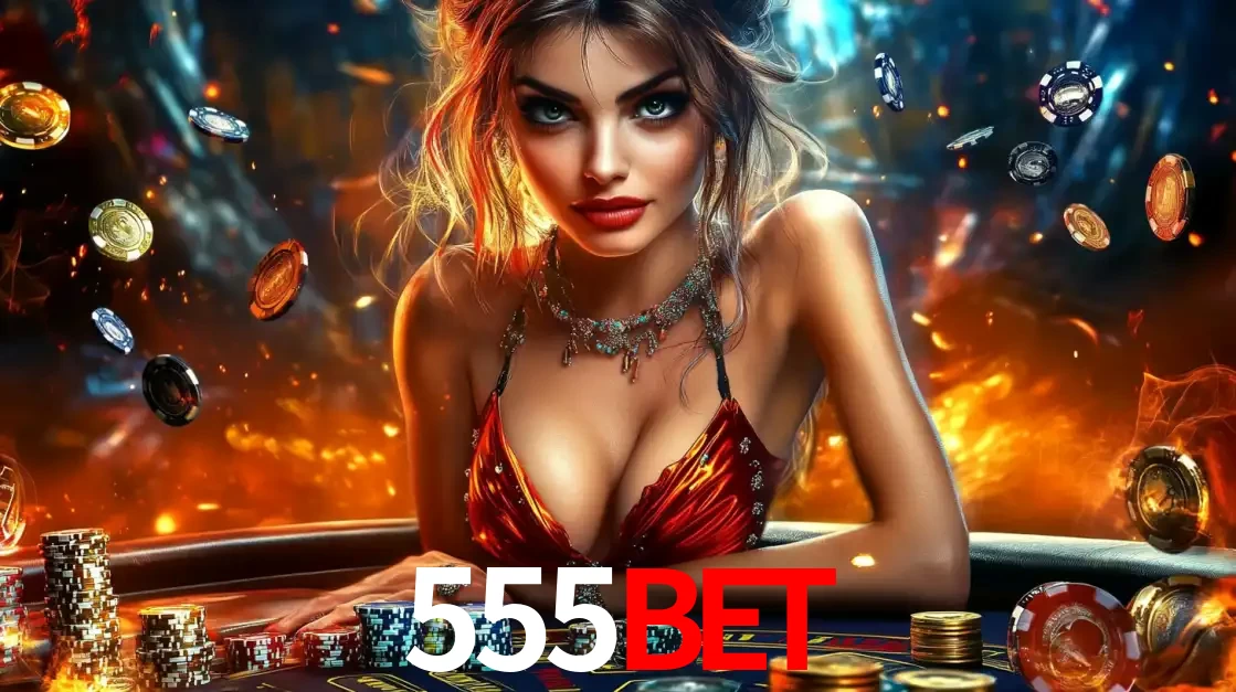 Mulher em uma mesa de cassino com pilhas de fichas e um fundo de fogo, pronta para uma rodada de altas apostas nos jogos de mesa emocionantes do cassino 555BET.