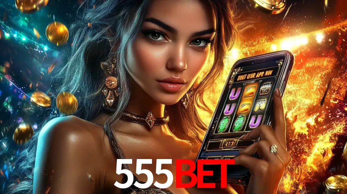 Mulher elegante mostrando um jogo de caça-níqueis em seu smartphone, destacando a experiência de cassino móvel oferecida pelo aplicativo 555BET.