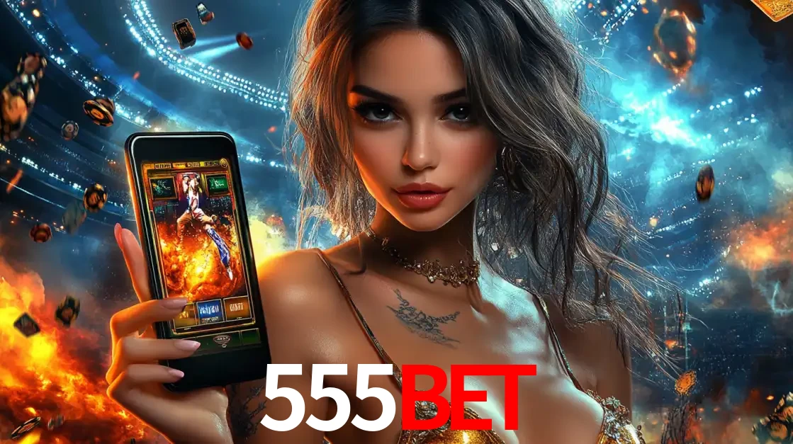Mulher segurando um celular com um jogo de slot em destaque, tendo como fundo um estádio vibrante, simbolizando a emoção de jogar no cassino móvel 555BET.
